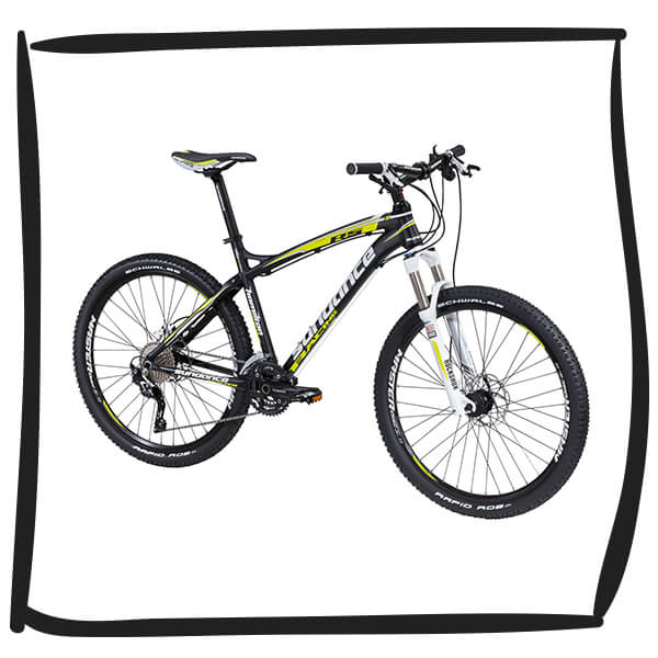 The mountain bike is suitable for any terrain thanks to wider handlebars and massive tires.