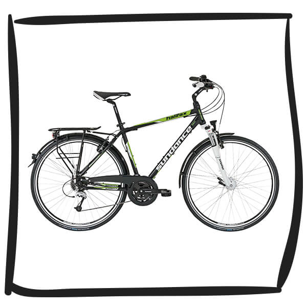 The trekking bike can be fitted with a child seat, a cycling bag, a handlebar bag and a bicycle cart
