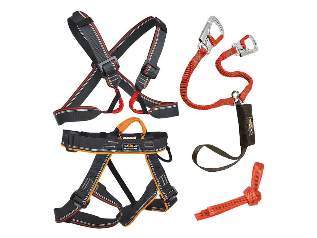 Ferrata set for safe climbing of secured via ferrata routes